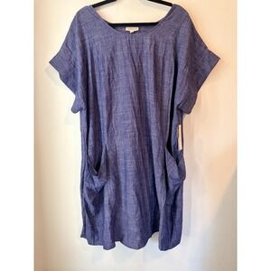 52seven Blue Tunic Dress Women's 1X Linen Blend Short Sleeve Pockets NWT